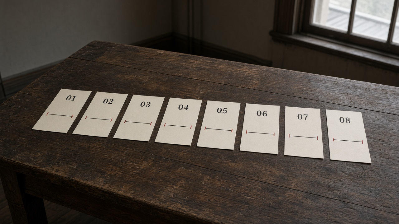 Catalog index strips numbered 01 to 08 on a dark oak table