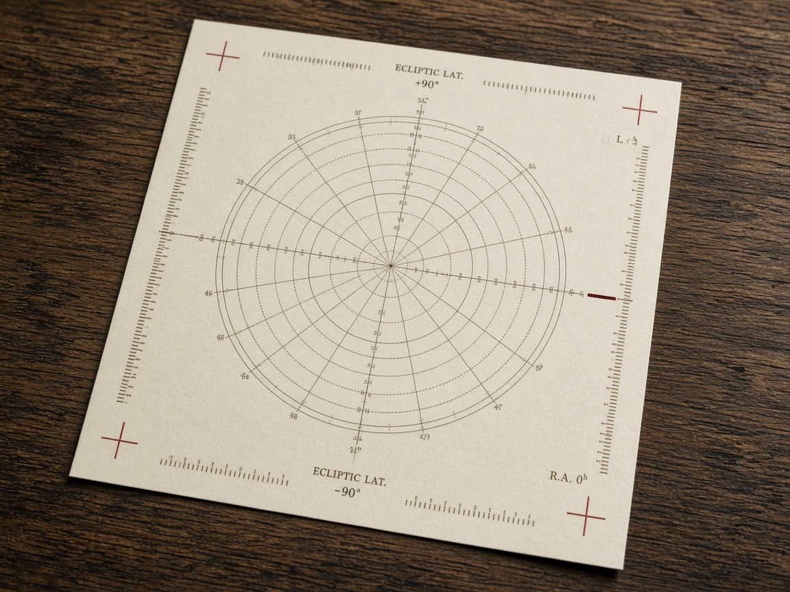 Vermillion registration marks and brass ticks on a celestial chart