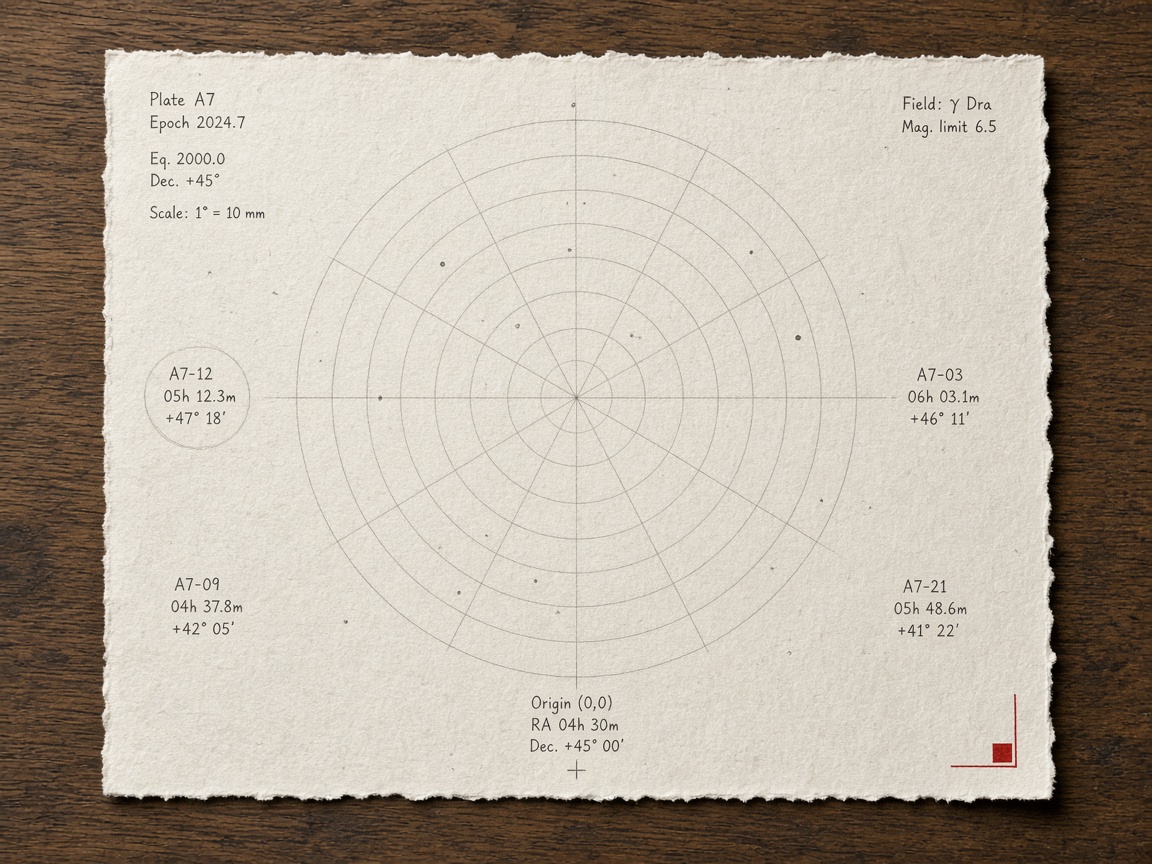 Plotted star positions and coordinate circles on cream rag paper