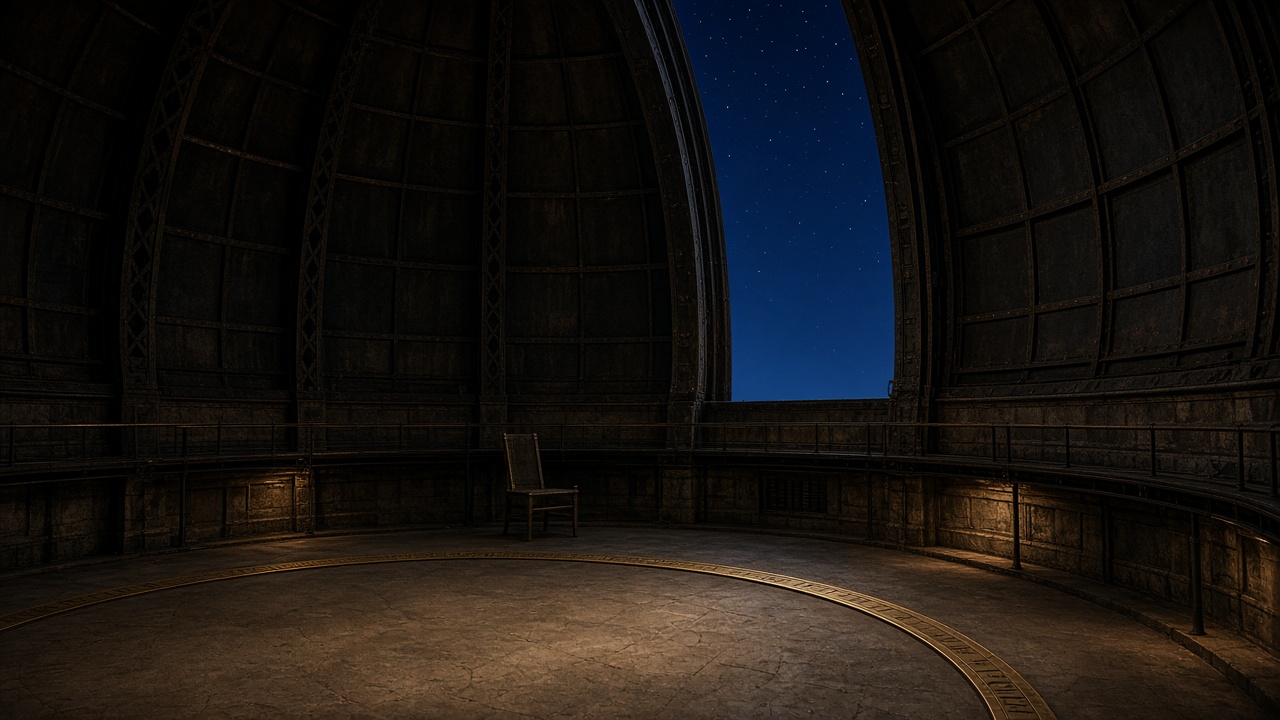Empty night observatory dome with brass meridian rail