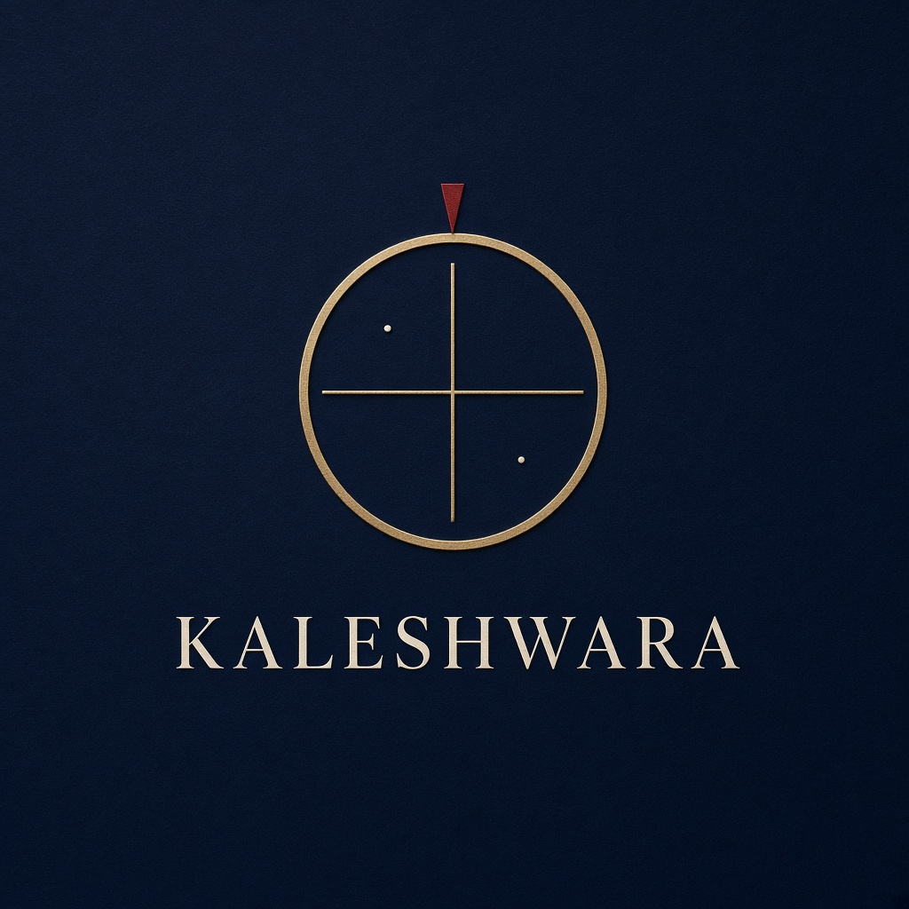 KALESHWARA LTD mark: brass meridian crosshair on midnight indigo