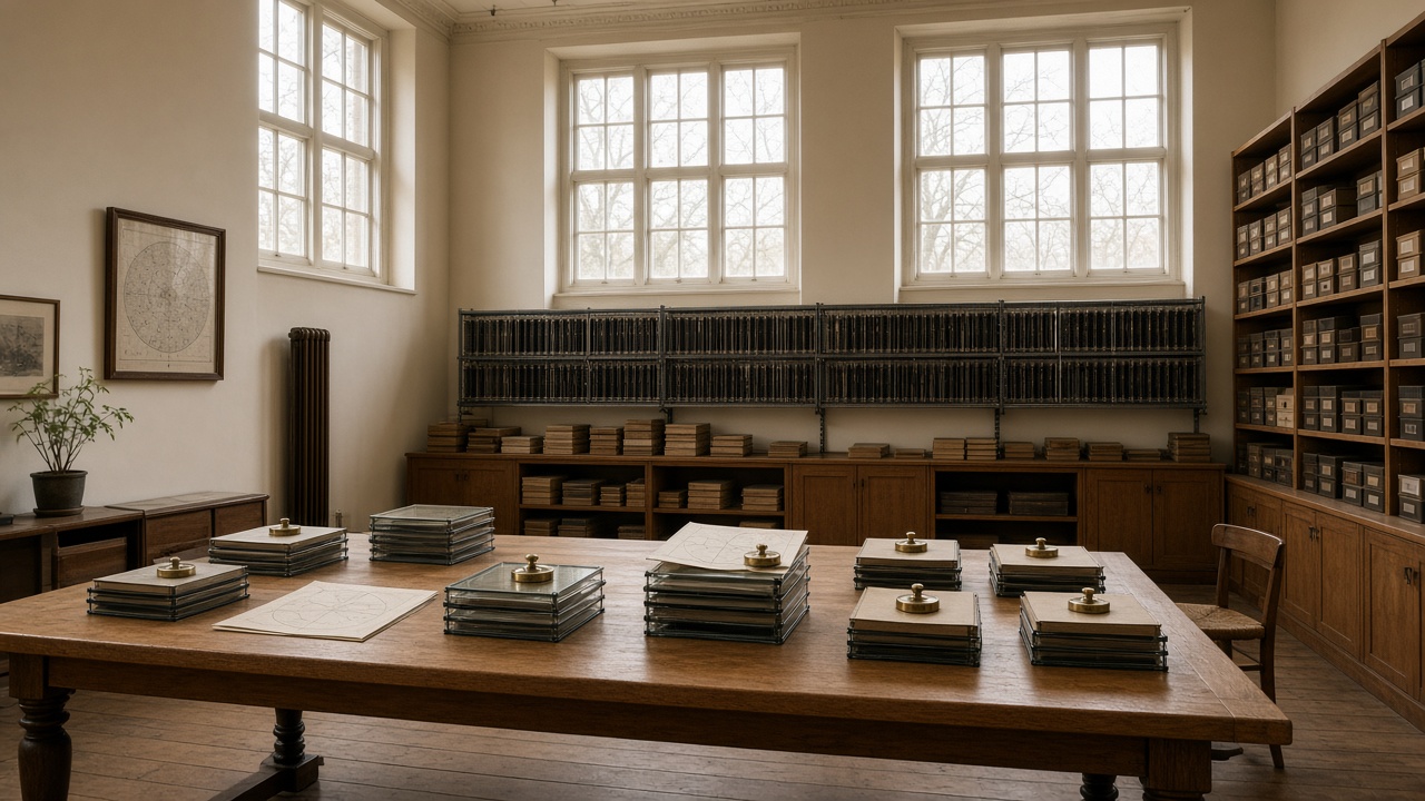 Daylight plate-reading archive loft with stacked plate boxes