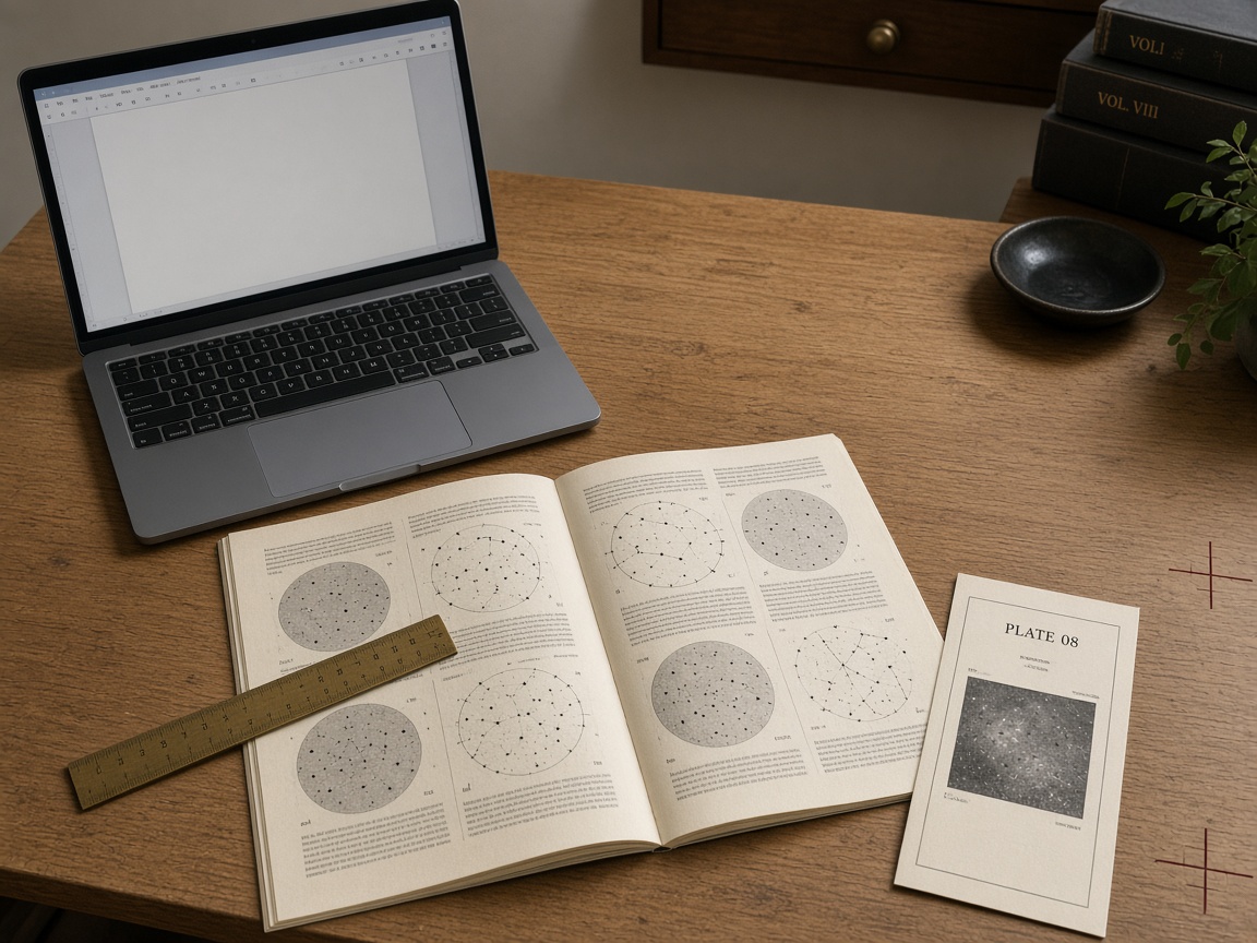 Archive desk with a blank document, star catalog, brass ruler and plate 08 slip